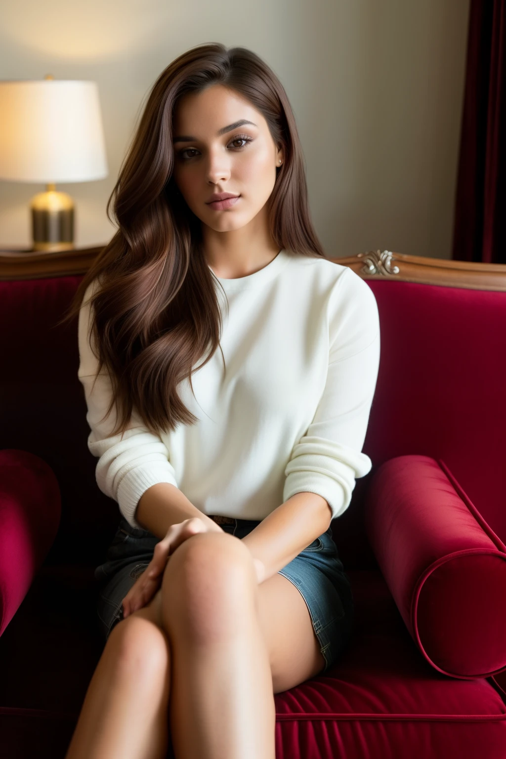 A 25-year-old brunette woman, ((the system)), ((hyperrealism)), brown hair with red highlights. Brown hair, Hair with red highlights, sitting on a velvet couch, cabello largo, cabello muy largo, really long hair, Beautiful, Side view, selfie, photo taken with Canon, elegant red blouse, selfie in the living room, high quality, selfie Canon, expression thoughtful, sitting cross-legged, (seated on a chair), clear focus, soft lighting, volumetric shadows, intricate details, SFW, cinematic, (highest quality, Granted, masterpiece: