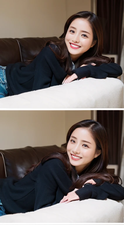 1 girl、whole body、smile、skeletally correct、Various poses、indoor、On the sofa,(Full legs),Ultra-high resolution,High Detail,Brighten the shadow contrast,Facial lighting ,Cinema Lighting,masterpiece,Super detailed,high quality,16k,High Contrast,ishiharasatomi