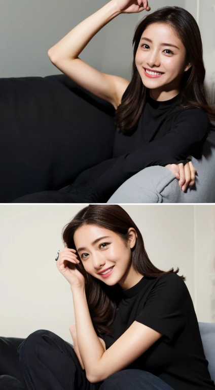 1 girl、whole body、smile、skeletally correct、Various poses、indoor、On the sofa,(Full legs),Ultra-high resolution,High Detail,Brighten the shadow contrast,Facial lighting ,Cinema Lighting,masterpiece,Super detailed,high quality,16k,High Contrast,ishiharasatomi
