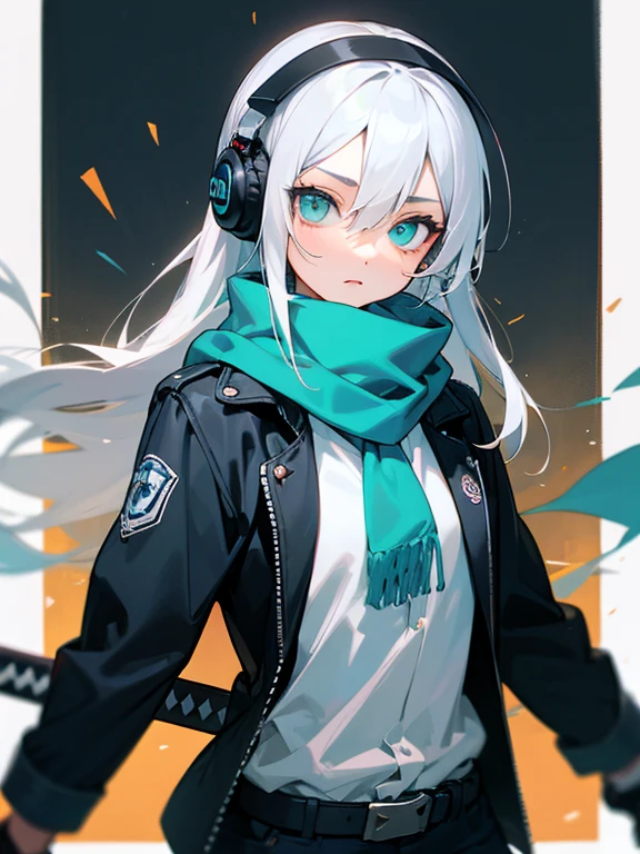 Masterpiece, best quality, expressive eyes, perfect face, 1girl, cyan eyes, white hair, long hair, headphones, scarf, jacket, belt, shorts, upper_body, sword at back, holding katana, holding_weapon