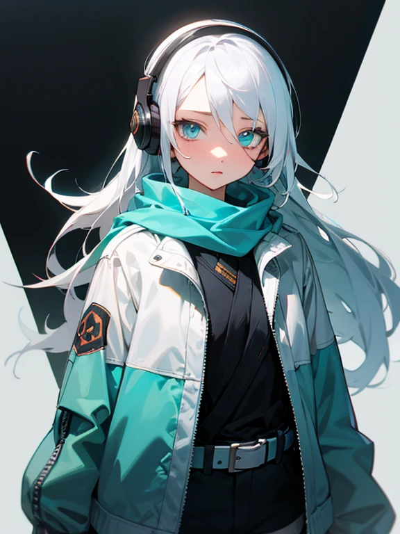 Masterpiece, best quality, expressive eyes, perfect face, 1girl, cyan eyes, white hair, long hair, headphones, scarf, jacket, belt, shorts, upper_body, sword at back, holding katana, holding_weapon 