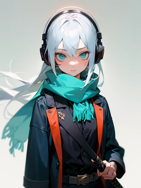 Masterpiece, best quality, expressive eyes, perfect face, 1girl, cyan eyes, white hair, long hair, headphones, scarf, jacket, belt, shorts, upper_body, sword at back, holding katana, holding_weapon