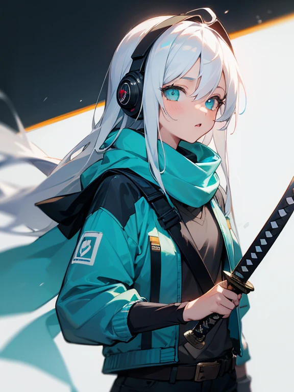 Masterpiece, best quality, expressive eyes, perfect face, 1girl, cyan eyes, white hair, long hair, headphones, scarf, jacket, belt, shorts, upper_body, sword at back, holding katana, holding_weapon 