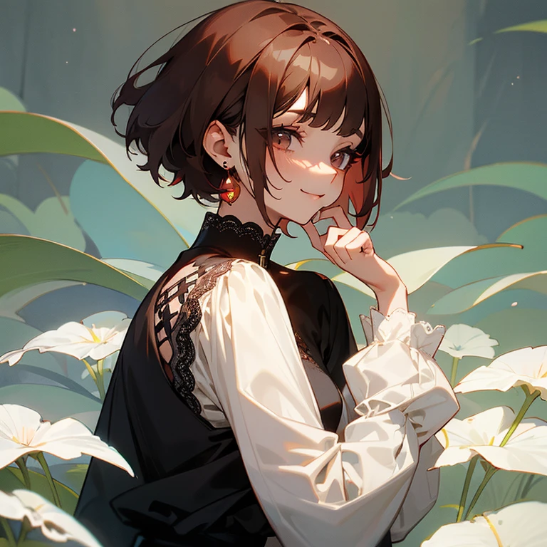 Reddish brown hair、Pixie Cut、Bob、Nape、Short nape、White lace high neck long sleeve blouse、Black jeans、Long eyelashes、Japanese、smile、fine、young、delicate、10th Generation、Slender girl、Earrings、Livelinesodest chest、Date、Calling here