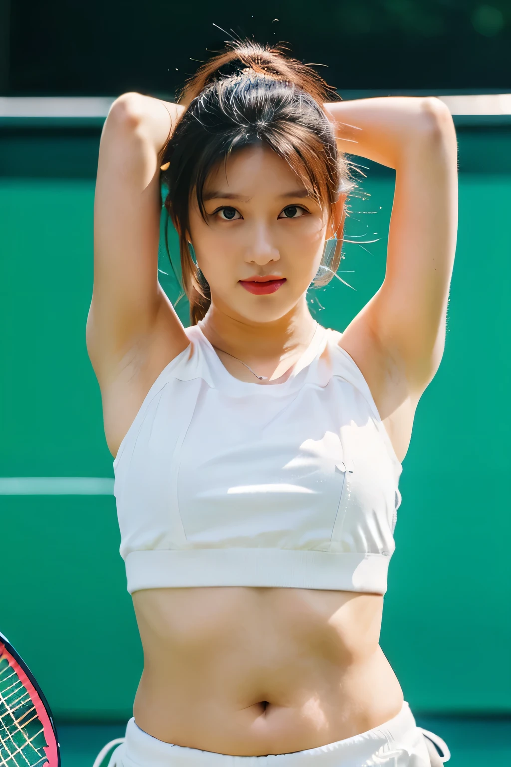 (beautiful korean female idol:1.25), (58 inch breasts size), (fleshy juicy body:1.5), (thick arms:1.5), (holding racket - playing tennis), armpit visible, wearing multicoloured micro sport bra, tennis sneakers, sweating profusely, action-do sports on the tennis court, fullbody shot, bokeh background, professional photograph, award-winning portrait, masterpiece, 8K UHD, high detail full-body view, symmetrical, Nikon D850, 85mm lens, f/1.8, depth of field, full body shot,