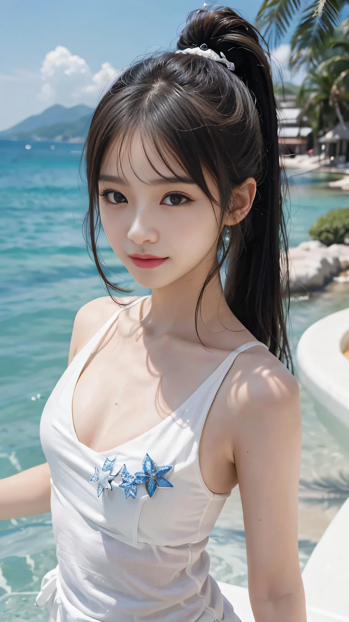 absurderes,(​masterpiece、top-quality、8K ),intricate detailes,ultra-detailliert、One Cute Beautiful Girl、The bikini、swimming pools、A slight smil、Hyper realistic,Perfect Anatomy