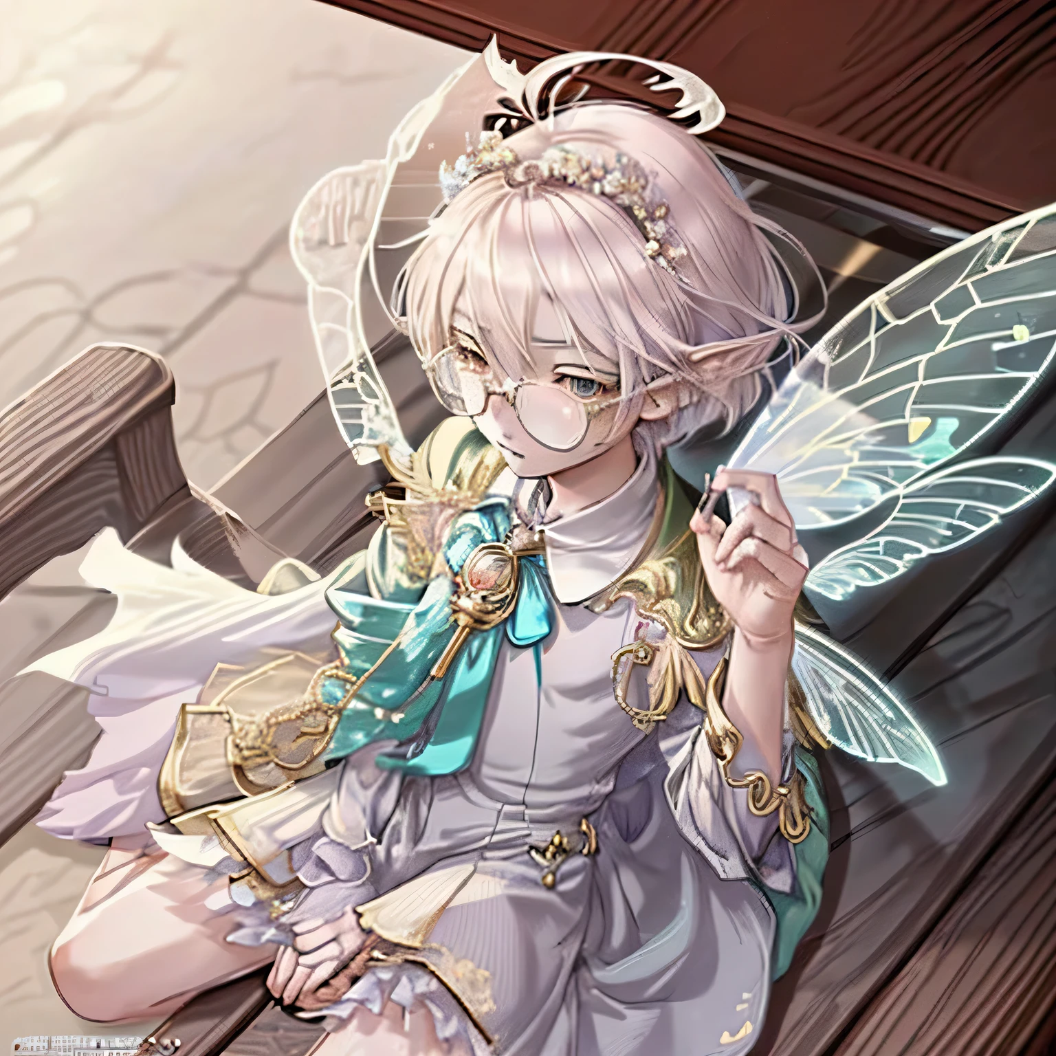 Boy sitting on bench in a library, delicate androgynous boy, Detailed key anime art, Detailed Digital Anime Art, elegant pose, Key Anime Art, Trending on ArtStation pixiv, detailed anime character art, fantasy clothes, fairy wings, innocent expression, round glasses on top of head