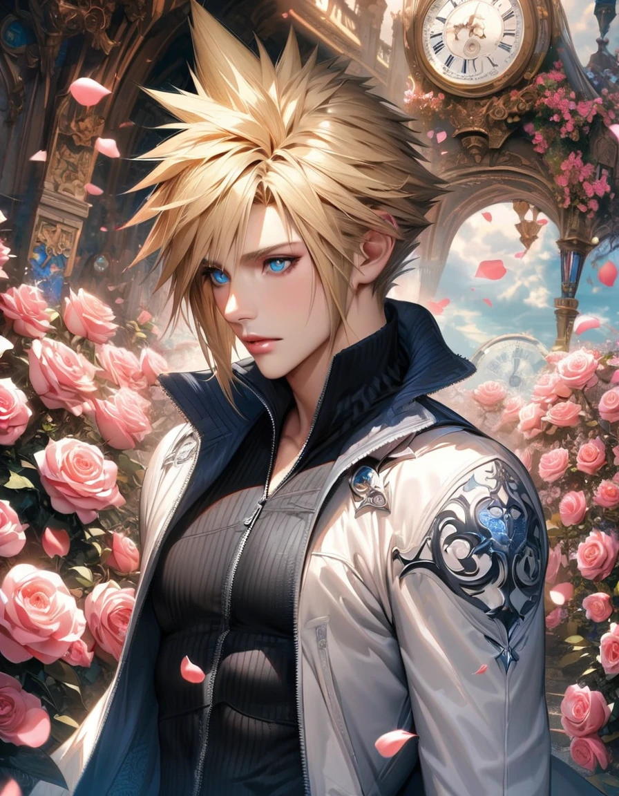 absurdres, highres, ultra detailed, HDR, masterpiece, extremely detailed face and eyes, realistic face, Cloud Strife, blond hair, expressive blue eyes, Final Fantasy Advent Children, solo, sexy man, handsome, white coat, black tight shirt, patterns, pink roses, blossoms, petals, in wonderland, clock