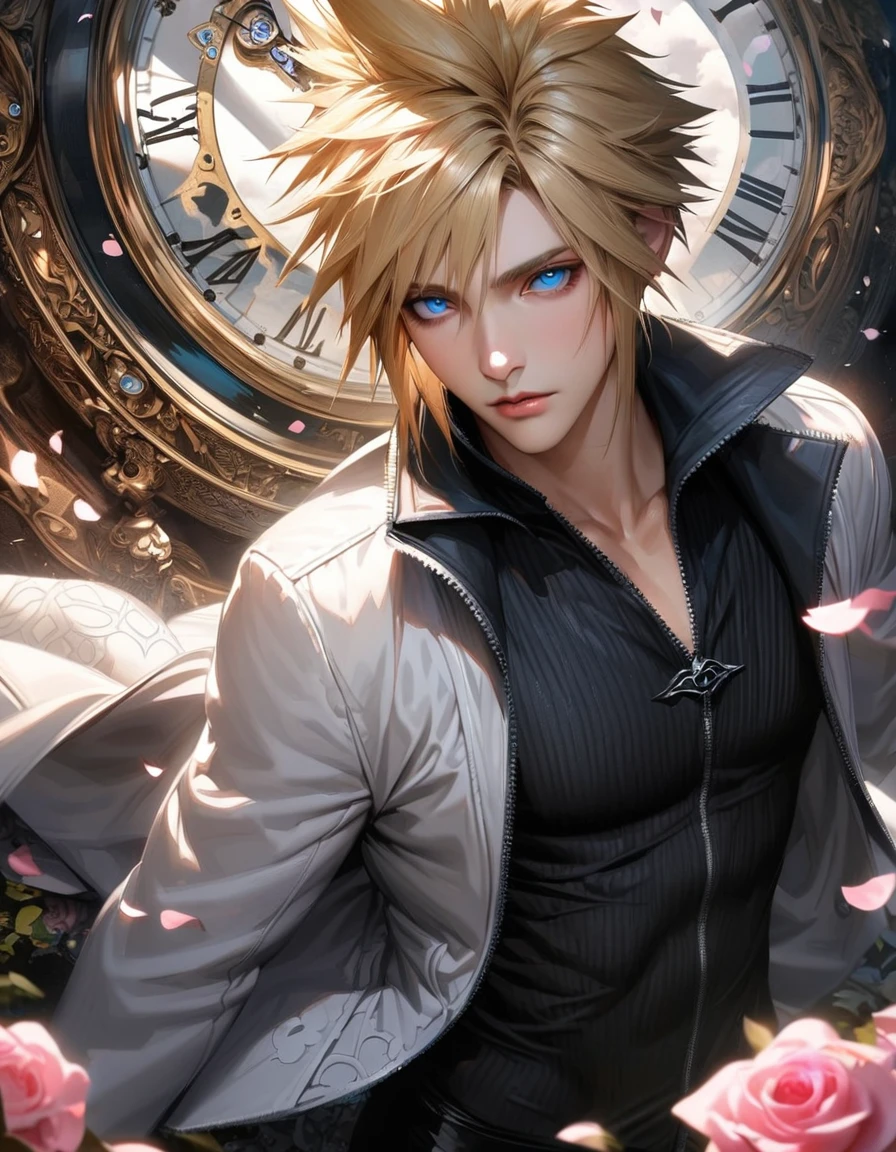 absurdres, highres, ultra detailed, HDR, masterpiece, extremely detailed face and eyes, realistic face, Cloud Strife, blond hair, expressive blue eyes, Final Fantasy Advent Children, solo, sexy man, handsome, white coat, black tight shirt, patterns, pink roses, blossoms, petals, in wonderland, clock