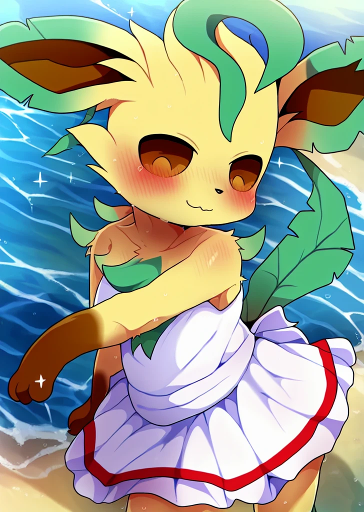 female, solo, pokemon (species), eeveelution, leafeon, multi colored fur, fluffy, hires, detailed, anime, kemono, dagasi, beach, detailed background, beautiful detail, sparkles, pixiv, cute kawaii, white dress, anthro, upskirt,(in the water),
