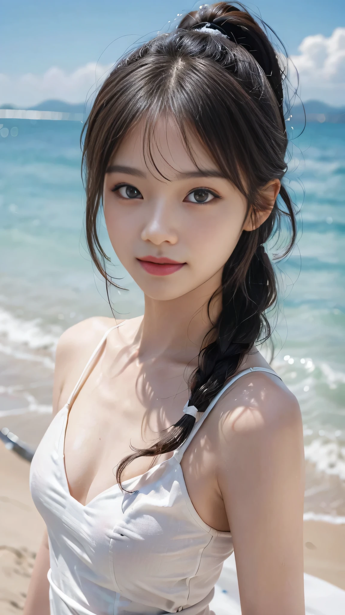 Beach,resort,white bikini,Close up face,One woman,masutepiece, The highest image quality, High quality, the background is clear,Beautiful woman, Japanese, Detailed, Detailed eyes, Detailed skin, Beautiful skin, 超hight resolution, (reality: 1.4),Very beautiful woman, Slightly younger face, Beautiful skin, slender, (Ultra photo realsisim), (hight resolution), (8K), (Very detailed) (beautifully detailed eyes), (super detailed), (Detailed face), view the viewer, Fine details, Detailed face, Staring straight ahead, Staring straight ahead, photos realistic, Bright lighting, Professional Lighting, Black hair,poneyTail,a baby face,fifteen years old,Hairstyle: ponytail,Long ponytail hairstyle,slight smile,neat and tidy clothing,Beautiful Japanese KPOP idol photo, hair style is ponytail, my eyes are double and wide, baby face, smile and look straight ahead, slender, small breasts,Close up face,