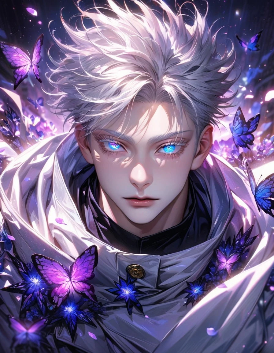 Ultra detailed, Highres, absurdres, HDR, master piece, Gojou Satoru, white hair with bangs, expressive blue eyes, white eyelashes, Jujutsu Kaisen, white long coat with patterns, purple ice flowers, petals, extremely handsome, sexy man, solo, extremely detailed eyes and face, purple ice, purple ice glittering butterflies, black tight t-shirt, realistic face, glittering, glittering eyes,