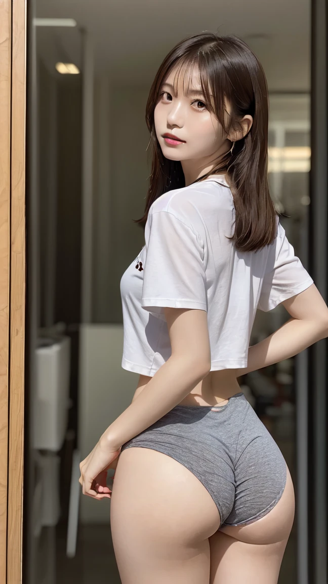 The cutest gravure idol pose in the world、Perfect proportions、, valley, cute、((18-year-old female:1.2))、Young and adorable Japanese face，Official Art，Highly detailed CG Unity 8k wallpaper，（masterpiece:1.0),(highest quality:1.0), 超A high resolution,4k,Very detailed, photo shoot, 8K, nffsw, High resolution, Kodak Portrait 400, Film Grain, Lens Flare Glow,高いest quality,8K,nffsw:1.2),Portrait Shot,8K、The only clothing he was wearing was a large white T-shirt.、Beautiful 、Emphasis on the  with backwards、Grab your  with both hands、Stick your  out more towards the camera！