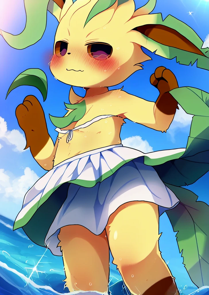 female, solo, pokemon (species), eeveelution, leafeon, multi colored fur, fluffy, hires, detailed, anime, kemono, dagasi, beach, detailed background, beautiful detail, sparkles, pixiv, cute kawaii, white dress, anthro, upskirt,(in the water),