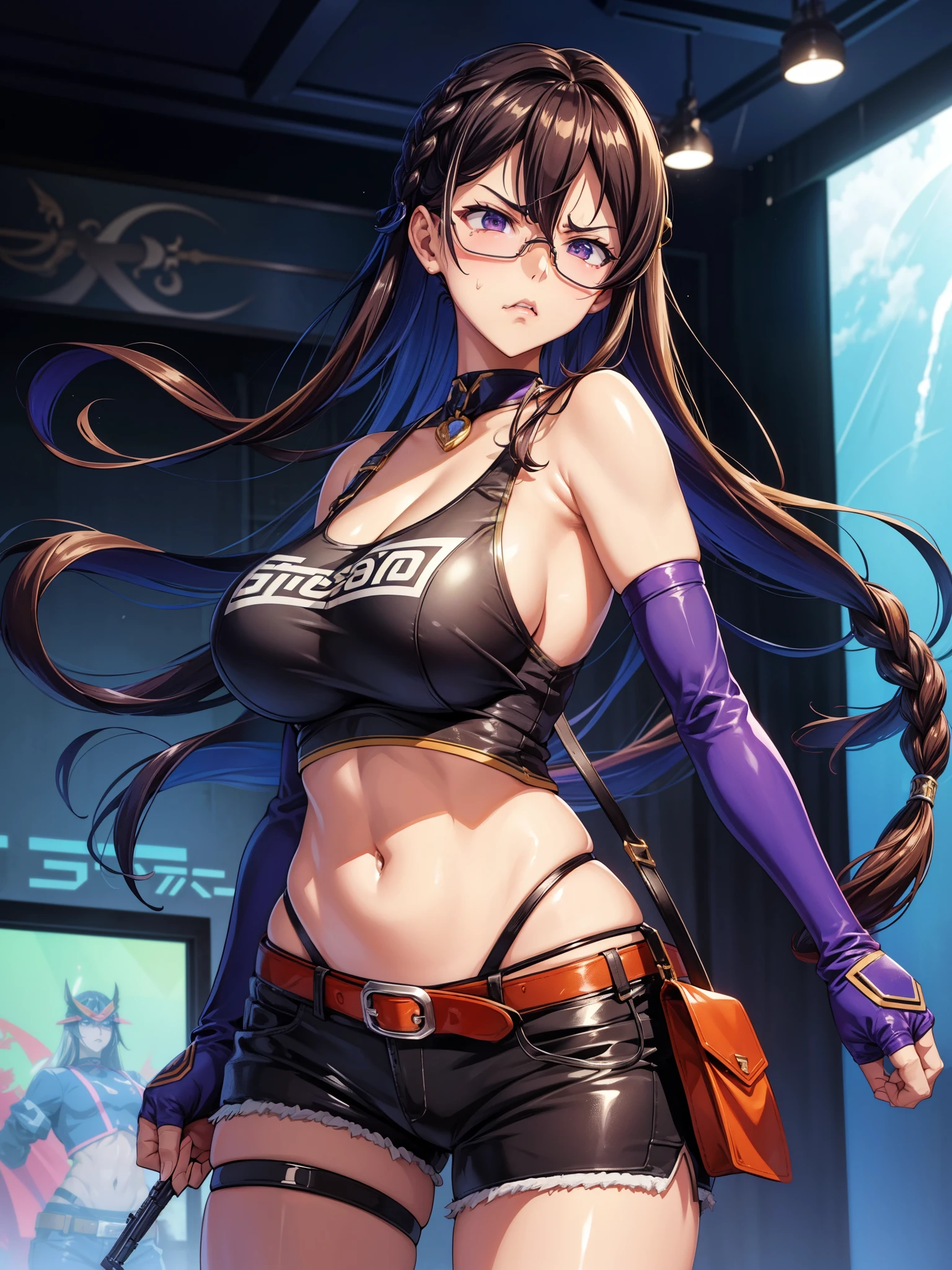 、score_9、score_8_up、score_7_up、evaluation_generally、solo、source_anime、Anime Screen Cap スタイル、Anime Screen Cap、Flat Coloring、La La La、lips、gloves、指なしgloves、Long Hair、Braid、arms、gun、Tank top、holster、(Big Breasts)、belt、Shorts、belly button、Tinted Glasses、ThighsholsterBREAK(Beauty)、Thighs、Sexy brown eyes、gunを持って立つ、((Serious, tough face) ))、Cowboy Shot、Staring at the audience