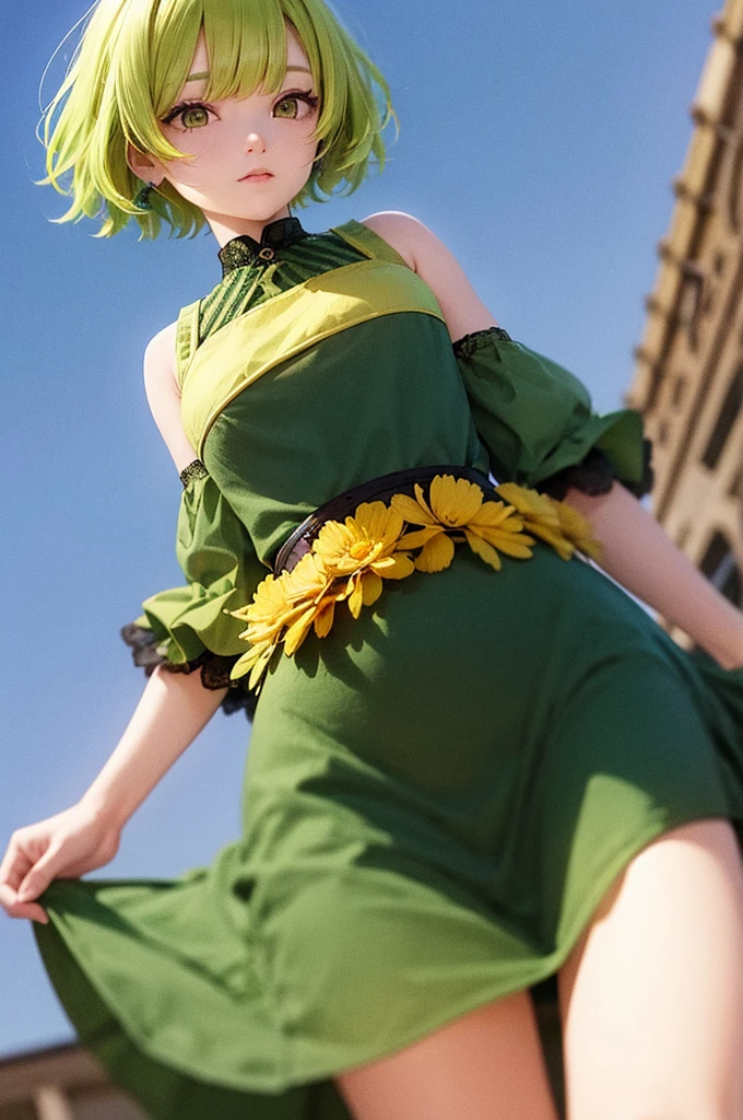 Yellow-green hair Short Hair Girl Green Eyes Yellow flower hair ornament Yellow-green dress Night Sky star