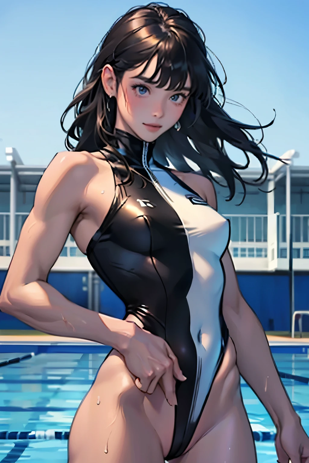 masterpiece、highest quality、High resolution、Two realistic girls、Competitive swimmer、Close-up of a person、wearing a black bodysuit、During Competitive swimmerics competitions、smile、Swimming Venues、Sexy competitive swimsuit 