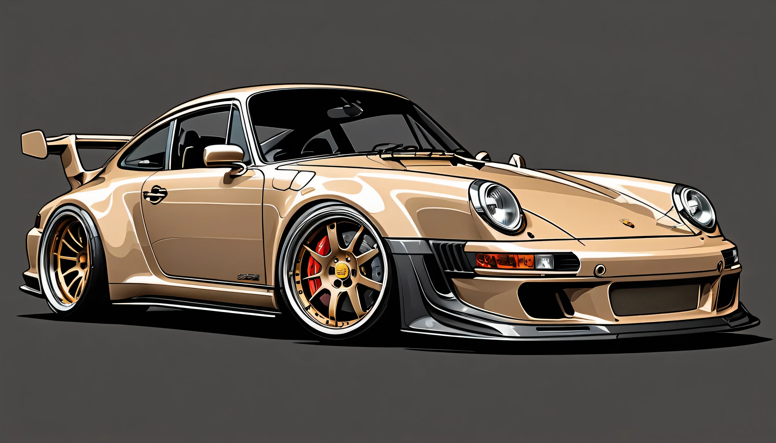 Dark beige Porsche 911 rwb, pop art,  cartoonish style , sketch, detailed illustration, large wheels, wide bodykit ((([Dark grey background])))