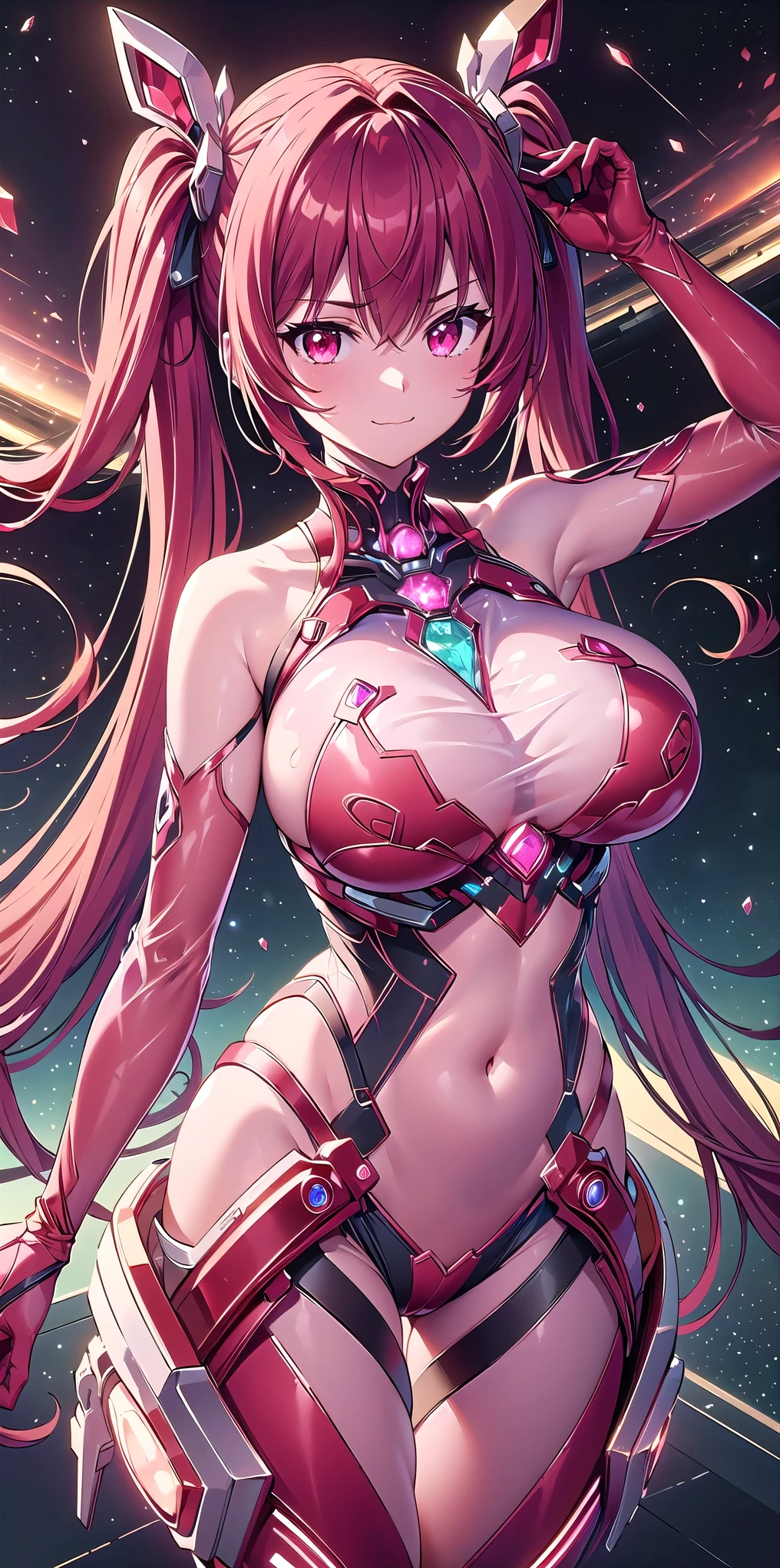 1girl, solo, tailred, very long hair, (red hair:1.4), twintails, perfect face, red eyes, looking at viewer, cute, smile, :3, uwu, closed mouth, (big breasts:1.6), (see-through:1.7), red clothes, inner details, internal reflections, transparent, gemtech, elbow gloves, space in background, cowboy shot, close up, scifi, masterpiece, high resolution, best quality, 