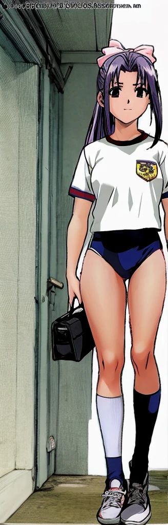 Momoko Koigakubo, a tall girl with beautiful legs, is standing in a white gym uniform and navy blue bloomers that look like panties.。