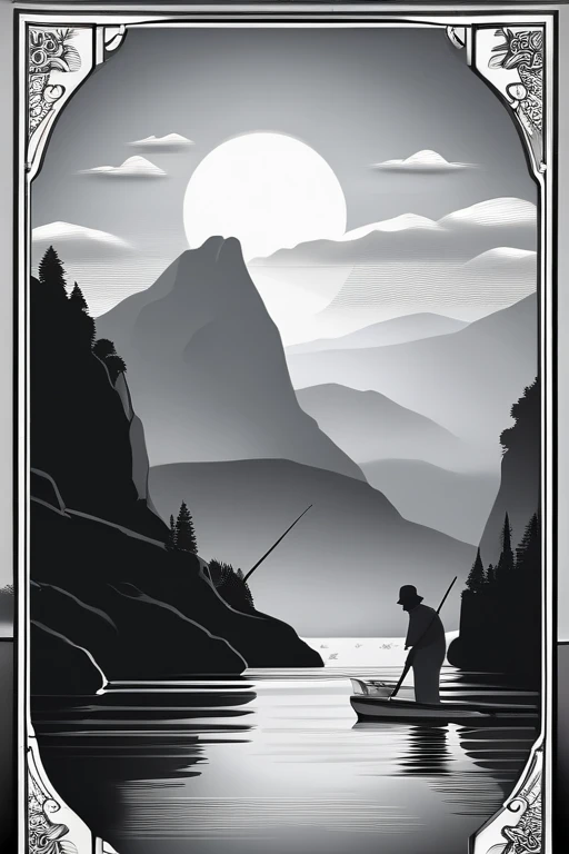 A old man in center of image, fishing rod in hand (better sharpness), large morden boat, river between mountains, small and large rocks, waterfall in background, outline, black and white, datails of frame, day shunshine, sun between clouds, no color, (coloring book), coloring page, just the drawing lines, free line, sketch style., anime