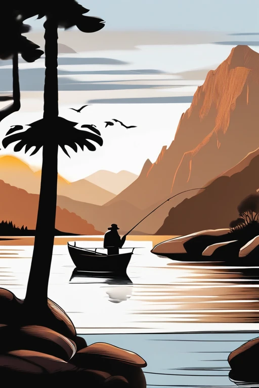A old man in center of image, fishing rod in hand (better sharpness), large morden boat, river between mountains, small and large rocks, waterfall in background, outline, black and white, datails of frame, day shunshine, sun between clouds, no color, (coloring book), coloring page, just the drawing lines, free line, sketch style., anime