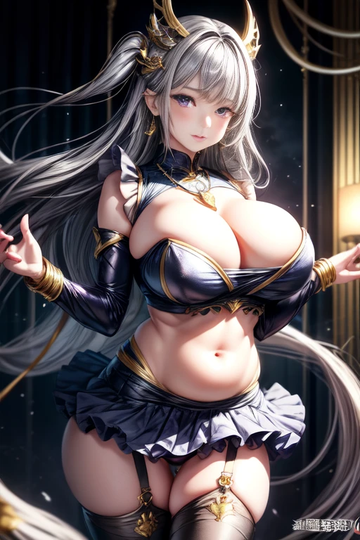 Realistic, One girl, Gray Hair, Purple eyes, Glowing Eyes, Crop top, Tight gold suit、Frilled Skirt, Lips parted, blush, night, Flowers, sun, sunlight,、Camel Toe、Giant tit、Nipple Puffs、Cleavage、Plump、Super big breasts、Super big butt、、Transformブレス、Transformベルト、Transform、effect、Earrings、Earrings、necklace、Thick lips、Heterochromia、Bracelet、Caster wheel、first round、Hair Charm、Lip glosoonlight points