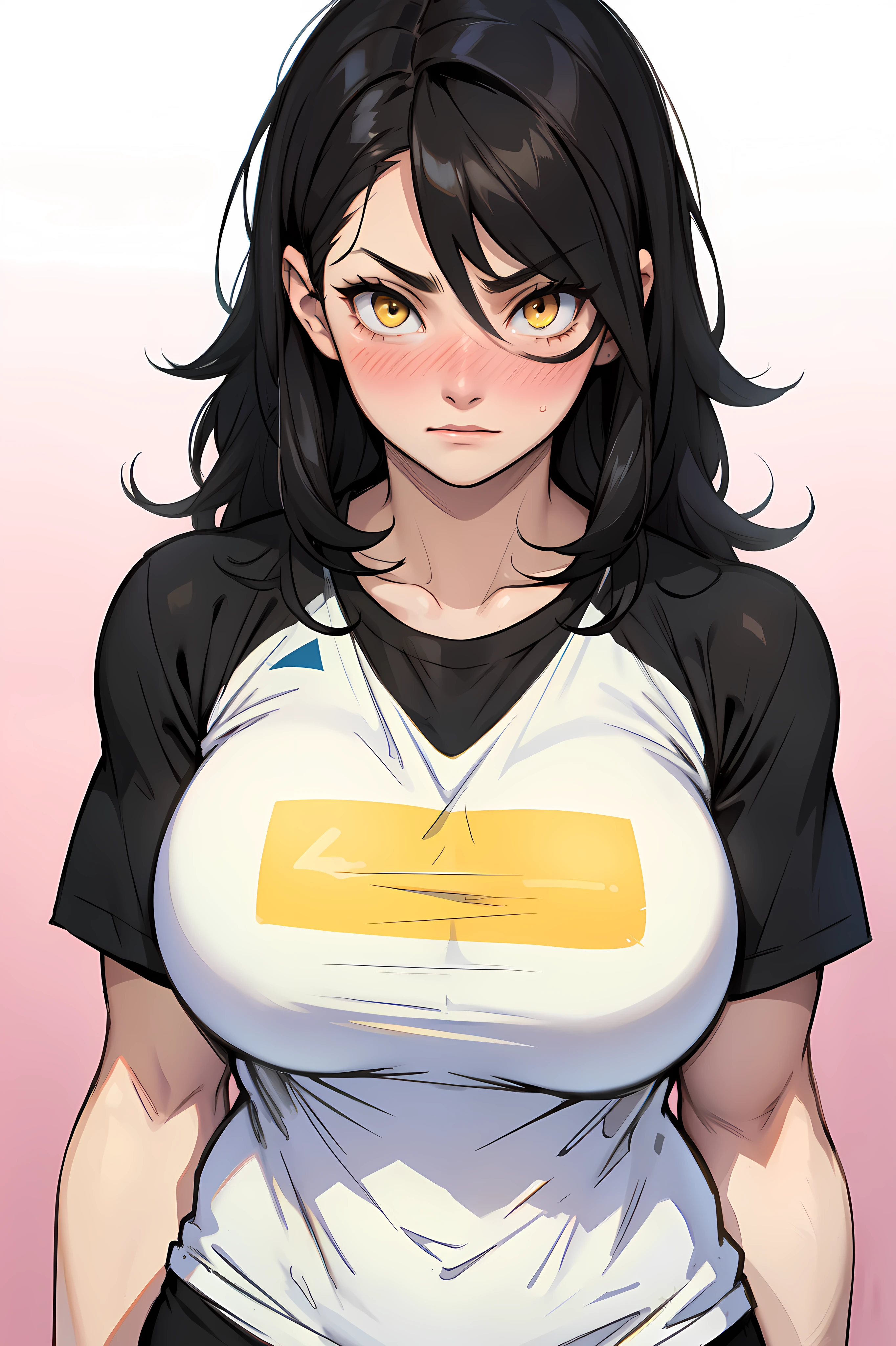 ((muscular)) girl big breasts black hair yellow eyes pale girl tight tshirt embarrassed blush