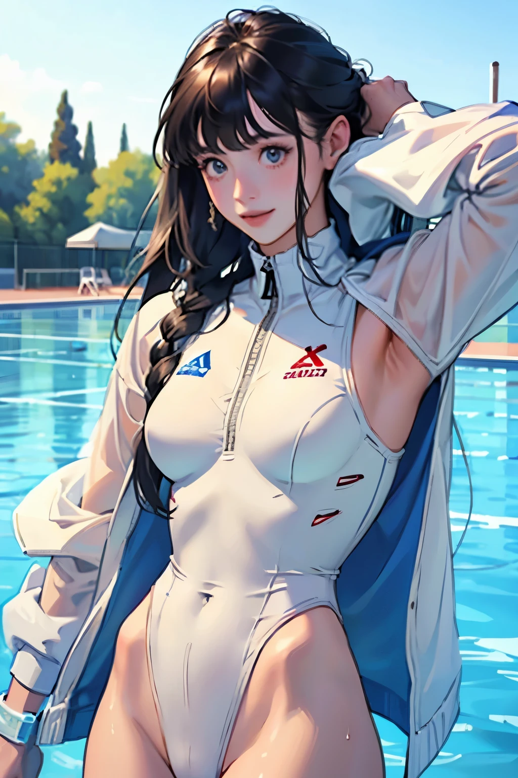 masterpiece、highest quality、High resolution、Two realistic girls、Competitive swimmer、Close-up of a person、Wearing a white bodysuit、During Competitive swimmerics competitions、smile、Swimming Venues、Sexy competitive swimsuit