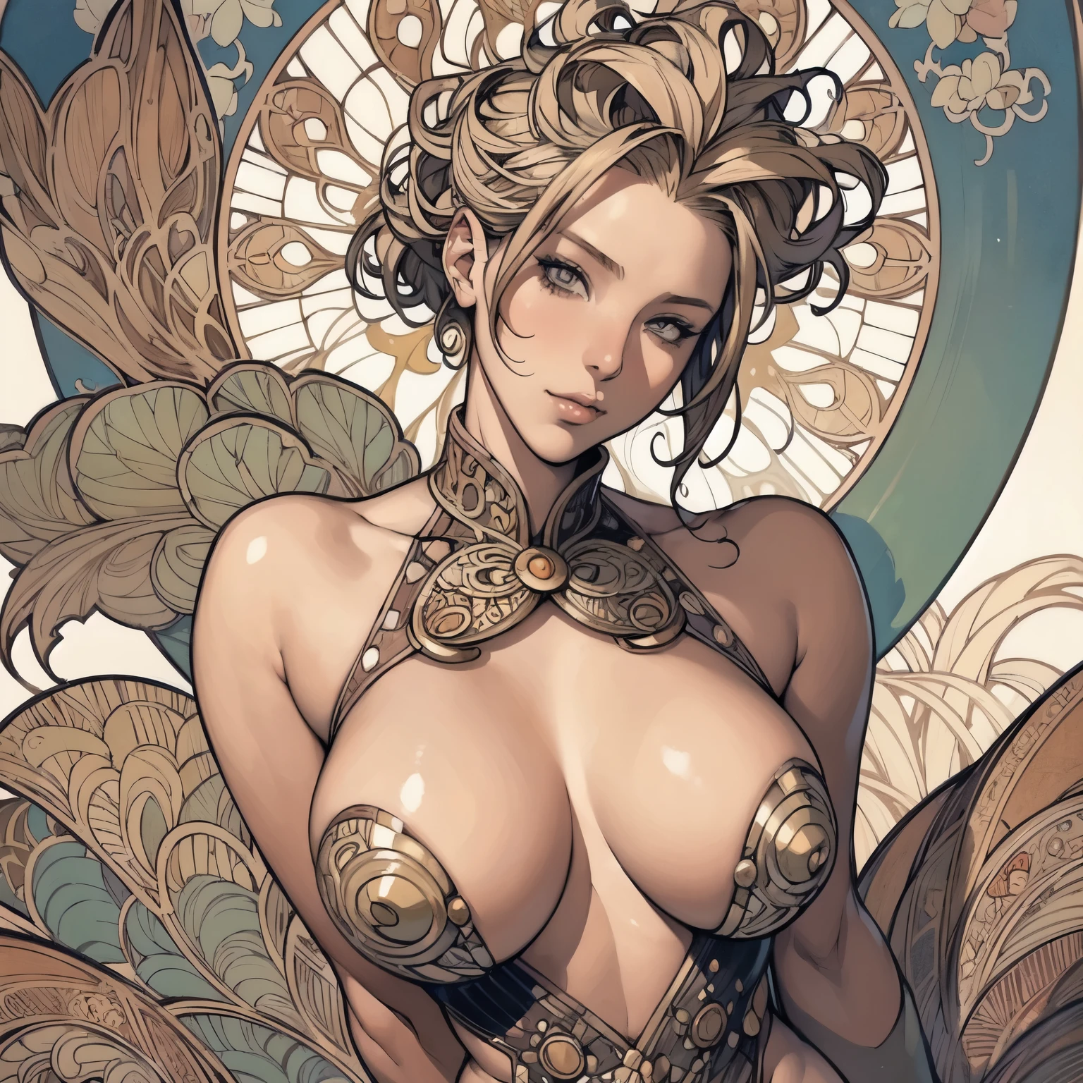((Detailed face)),((Mucha's style)),(vulgar),(portrait),((African woman)),Tits that are too big,blond hair,pompadour,(arms behind back:1.2),((addiction to sex))((light-armed man warrior)), half sticking out of clothes,(high position:1.6)