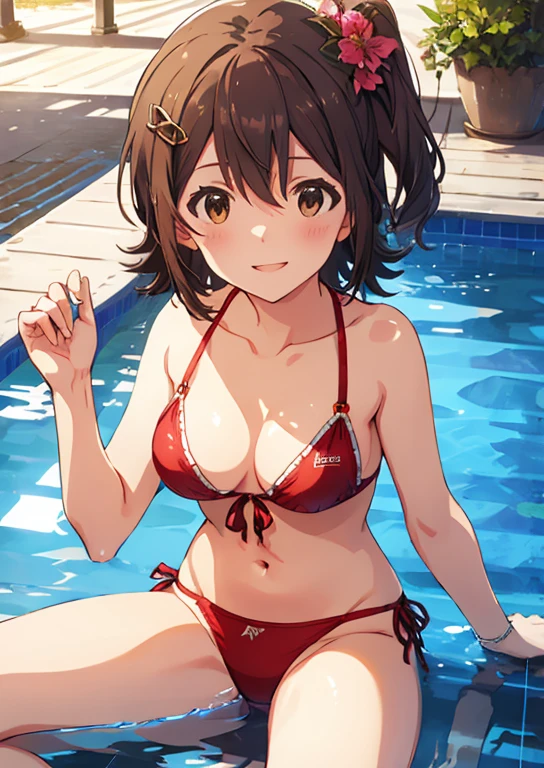 Mirai Kasuga, (highest quality, 8k, masterpiece, Very detailed:1.2), (Lens flare, Particles of light, Shine), Big Breasts, smile, Open your mouth, masterpiece, highest quality, Very detailed, High resolution, Very detailedなCG, (Official Art), Red Bikini , (Spread your legs),Lift your legs, (Embarrassing:1.1), (blush:1.2), Open your mouth, (shout:1.1), (Moving lines:1.1),  Midsummer Pool