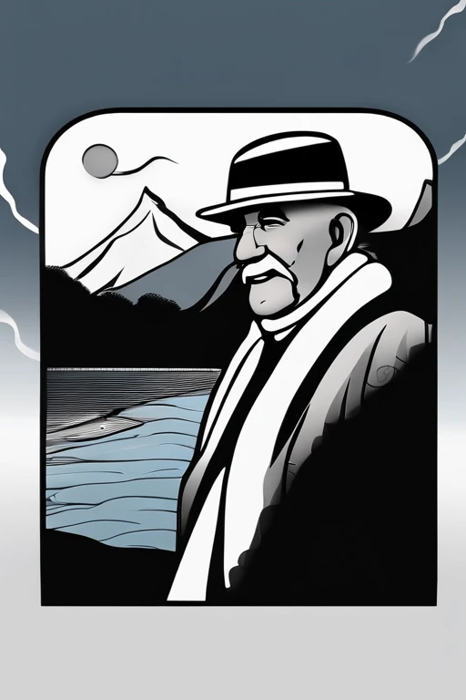 A old man in center of image, fishing rod in hand (better sharpness), large morden boat, river between mountains, small and large rocks, waterfall in background, outline, black and white, datails of frame, day shunshine, sun between clouds, no color, (coloring book), just the drawing lines, free line, sketch style, no background., anime