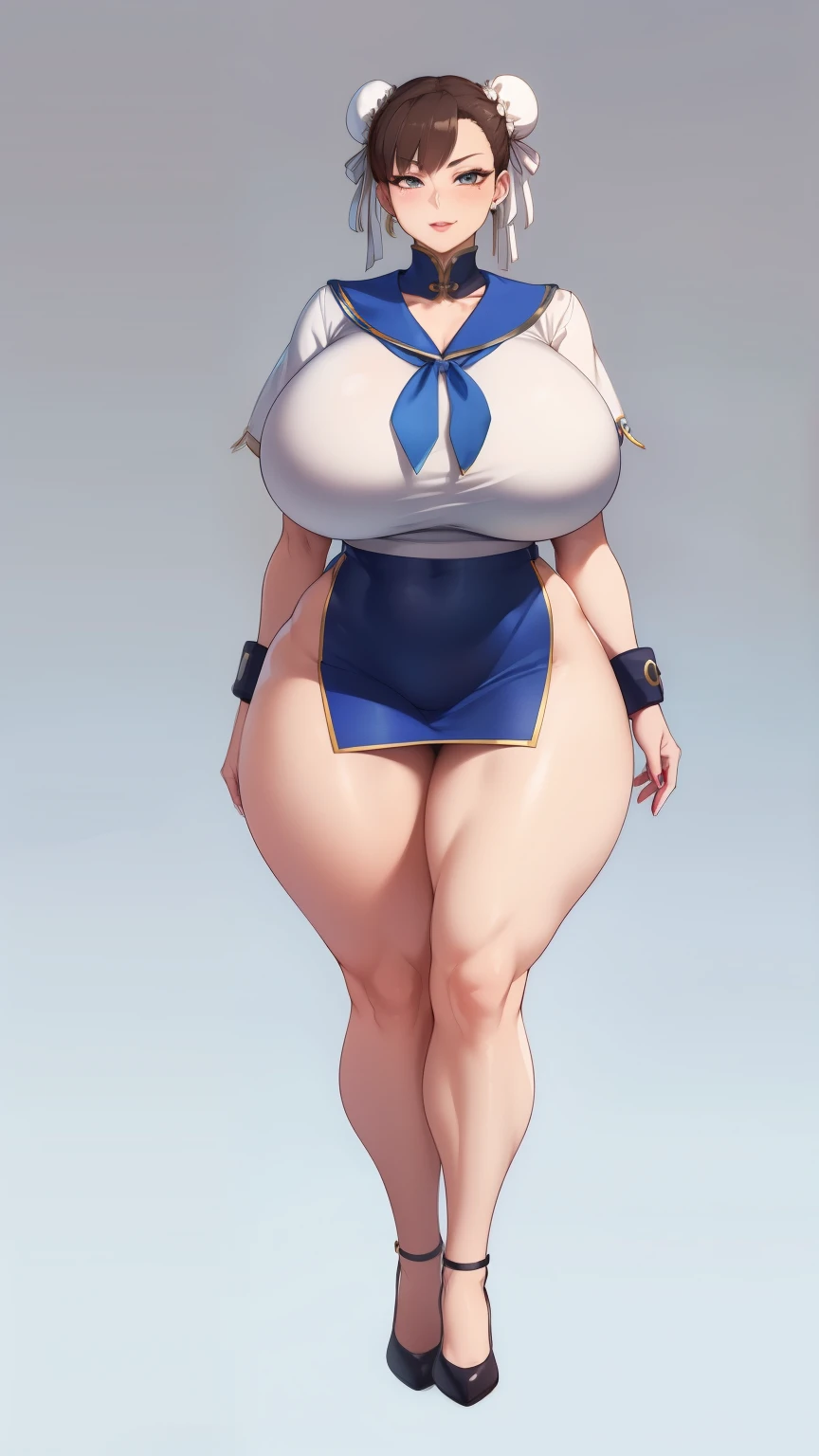 Big Breasts, Big Hips, Full Body Shot, Mature mother, Voluptuous thighs, A cow, Seductive mature woman, Perfect body, Plus Size Model, Sailor suit, Wearing high heels,Miniskirt Uniform, Chunli,