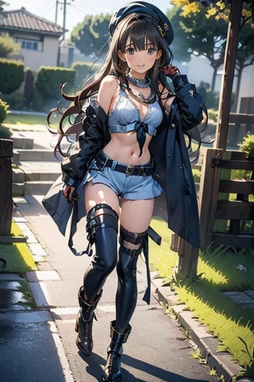 (Thynasha:1.2),dark blue hair,very long hair, purple eyes,(beautiful detailed eyes:1.0), extremely detailed face, perfect lighting, hair between eyes,bangs, (black beret, black jacket, open clothes, cleavage, midriff, black medium skirts,  black thighhighs, thigh strap, fingerless gloves, single glove:1.2), Photo,sharpness, F1.6 lens,hyper-realistic textures,spectacular light textures, Cinestil 800 Fashion Mechanics,(((Beautiful woman with left leg restrained by chains))),Appearance,Beautiful girl with accentuated slender abs: 1.1,six-pack abs: 1.1, Bust Botox,Standing on tiptoe, long legs,Long brown hair fluttering in the wind,Brown hair, Long hair, Female Warrior Costume,(No panties,No bra),(tacticul battle fashion,elbow and knee tacticul battle fashion, battle glove: 1.1),((cute batre costume)),The belly comes out and the navel is visible,Thin sheer costume, combat gloves,shredded costumes,cyber long combat boots with golden knee pads,Anatomical,(futuristic sci-fi battle fashion, new elbow and knee cyberpads, new cyberlong boots, new cybergloves: 1.1),(tied perfectly by iron chain:1.3), Restraint, Slave, collars, contempt, (Chained), 4 chains hung from heaven, Metallic shackles and fetters, wet crotch clearly visible,((Hands are restrained above the head)), the neck is chained,Chain from left knee to heaven,Chained by rusty iron chains,((the tip is protruding, areolas protruding,The shape of the pubic harearea is clearly visible:0.9)),Sweating,Wet,Wet crotch,Wet thighs,Junkyard, Realistic, (cute, perfect clothes, skimpy clothes, cute: 1.3) ,Vast miritary base in us,((wide mirtary hospital with summer sunlight)), peeling ceilings, Rebar between, Realistic material details, Extreme details, Ultra-realistic materials,narrow waist,(with sparkling eyes and a contagious smile:0.9),looking at viewer,
