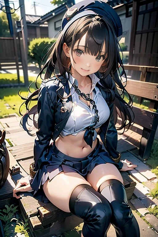 (Thynasha:1.2),dark blue hair,very long hair, purple eyes,(beautiful detailed eyes:1.0), extremely detailed face, perfect lighting, hair between eyes,bangs, (black beret, black jacket, open clothes, cleavage, midriff, black medium skirts,  black thighhighs, thigh strap, fingerless gloves, single glove:1.2), Photo,sharpness, F1.6 lens,hyper-realistic textures,spectacular light textures, Cinestil 800 Fashion Mechanics,(((Beautiful woman with left leg restrained by chains))),Appearance,Beautiful girl with accentuated slender abs: 1.1,six-pack abs: 1.1, Bust Botox,Standing on tiptoe, long legs,Long brown hair fluttering in the wind,Brown hair, Long hair, Female Warrior Costume,(No panties,No bra),(tacticul battle fashion,elbow and knee tacticul battle fashion, battle glove: 1.1),((cute batre costume)),The belly comes out and the navel is visible,Thin sheer costume, combat gloves,shredded costumes,cyber long combat boots with golden knee pads,Anatomical,(futuristic sci-fi battle fashion, new elbow and knee cyberpads, new cyberlong boots, new cybergloves: 1.1),(tied perfectly by iron chain:1.3), Restraint, Slave, collars, contempt, (Chained), 4 chains hung from heaven, Metallic shackles and fetters, wet crotch clearly visible,((Hands are restrained above the head)), the neck is chained,Chain from left knee to heaven,Chained by rusty iron chains,((the tip is protruding, areolas protruding,The shape of the pubic harearea is clearly visible:0.9)),Sweating,Wet,Wet crotch,Wet thighs,Junkyard, Realistic, (cute, perfect clothes, skimpy clothes, cute: 1.3) ,Vast miritary base in us,((wide mirtary hospital with summer sunlight)), peeling ceilings, Rebar between, Realistic material details, Extreme details, Ultra-realistic materials,narrow waist,(with sparkling eyes and a contagious smile:0.9),looking at viewer,
