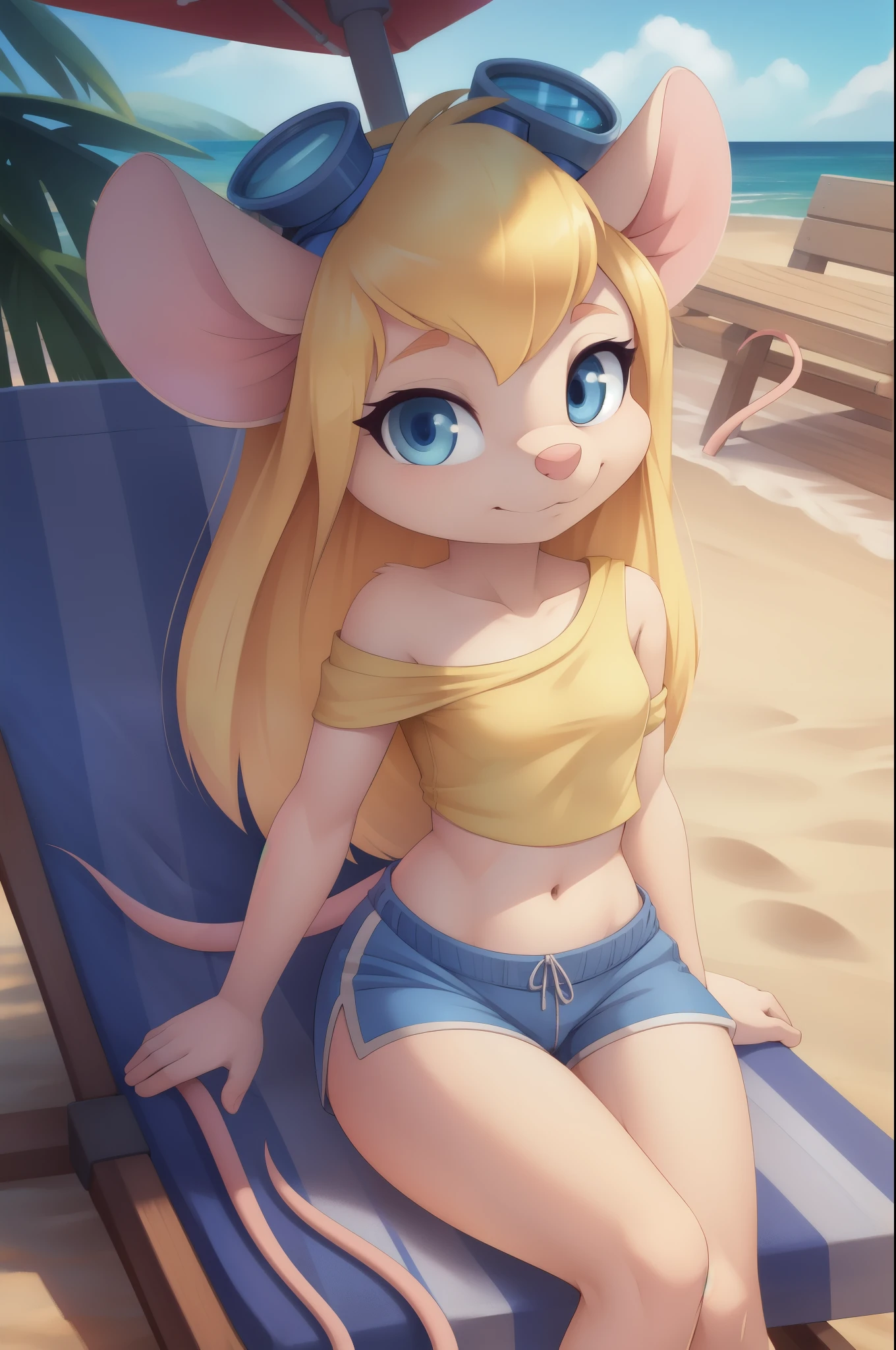 Gadget Hackwrench, eighteen, young adult, mouse, blonde hair, long hair, narrowed eyes, blue eyes, pink nose, body fur, small breasts, detailed body fur, detailed face, detailed eyes, glistering body, shiny body, gorgeous body, masterpiece, high quality, ((naked, )), full body, feets with three toes, 3 toes, beach, clear sky, skinny, sitting in beach dressing room, legs spread, blushing, hands on belly, seductive, fingering vagina,
