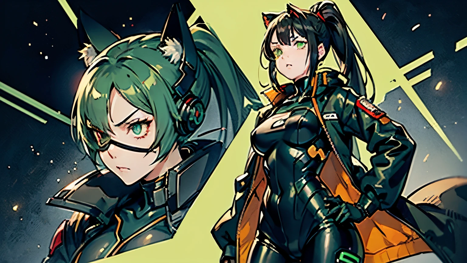 tired, annoyed, anime cat woman, green eyes and light green hair, cybernetic eye prosthesis, eye patch, face scar, sci-fi, mecha outfit, cybersuit, techwear, missing eye, burns, red eye prosthesis, muscular, messy ponytail, loose clothes, smaller breasts, single character, long jacket, space background 