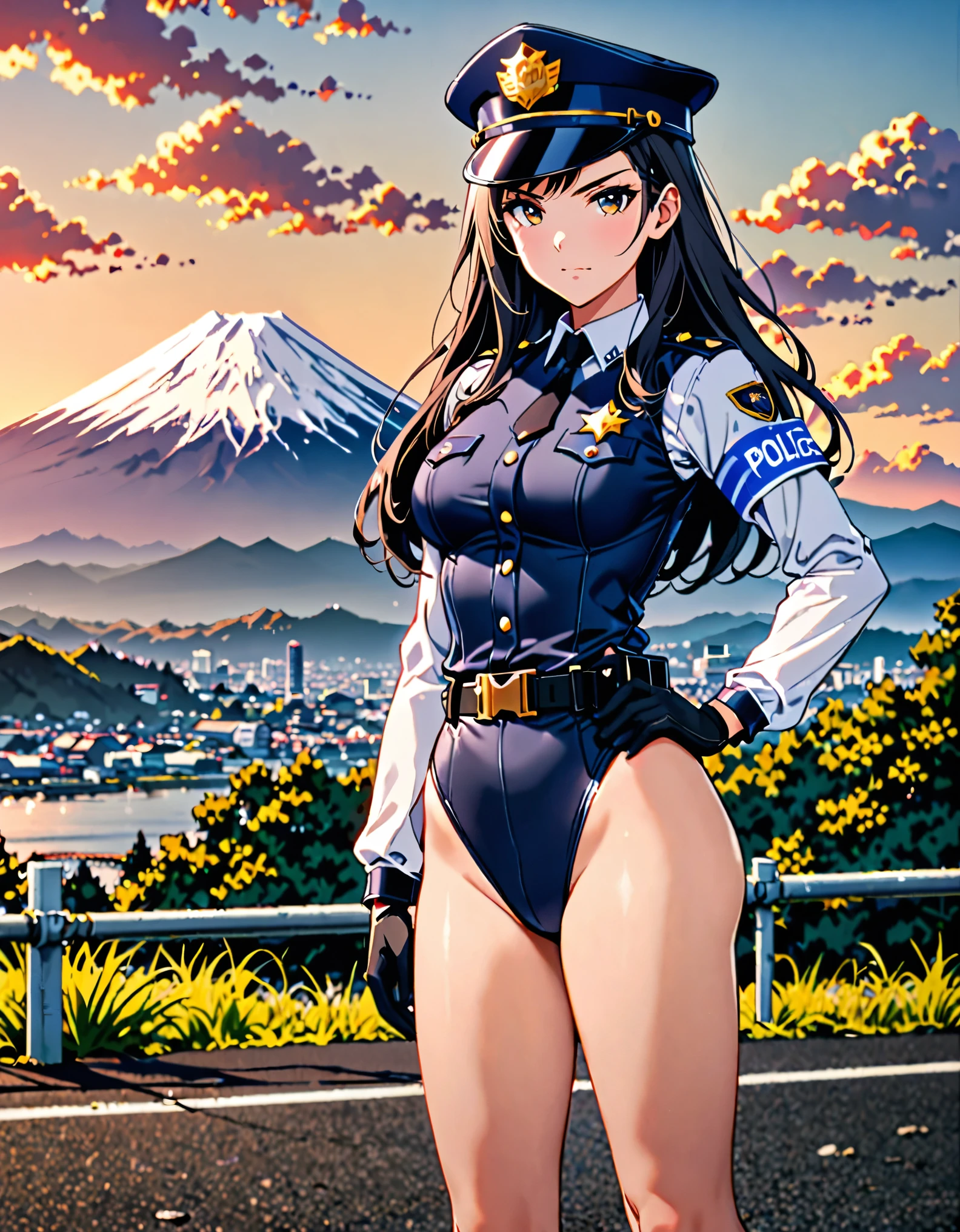 (masterpiece), (best quality), (high res),1girl, tall body, ((long hair, jet black hair)), (hazel eyes) beautiful detailed eyes, beautiful detailed face, cute face, perfect hands, complete fingers, perfect anatomy, perfect proportions, ((hat, black police hat)), ((leotard, matching leotard, bare legs)), ((boots, matching boots)), breasts, medium breasts, fingerless gloves, (full body portrait), looking at viewer, solo, solo focus, standing, police uniform, cowboy shot, mount fuji backdrop, outdoors, (belt, tight belt), (armbands, white sleeves), one hand on hip, serious, full body costume design.