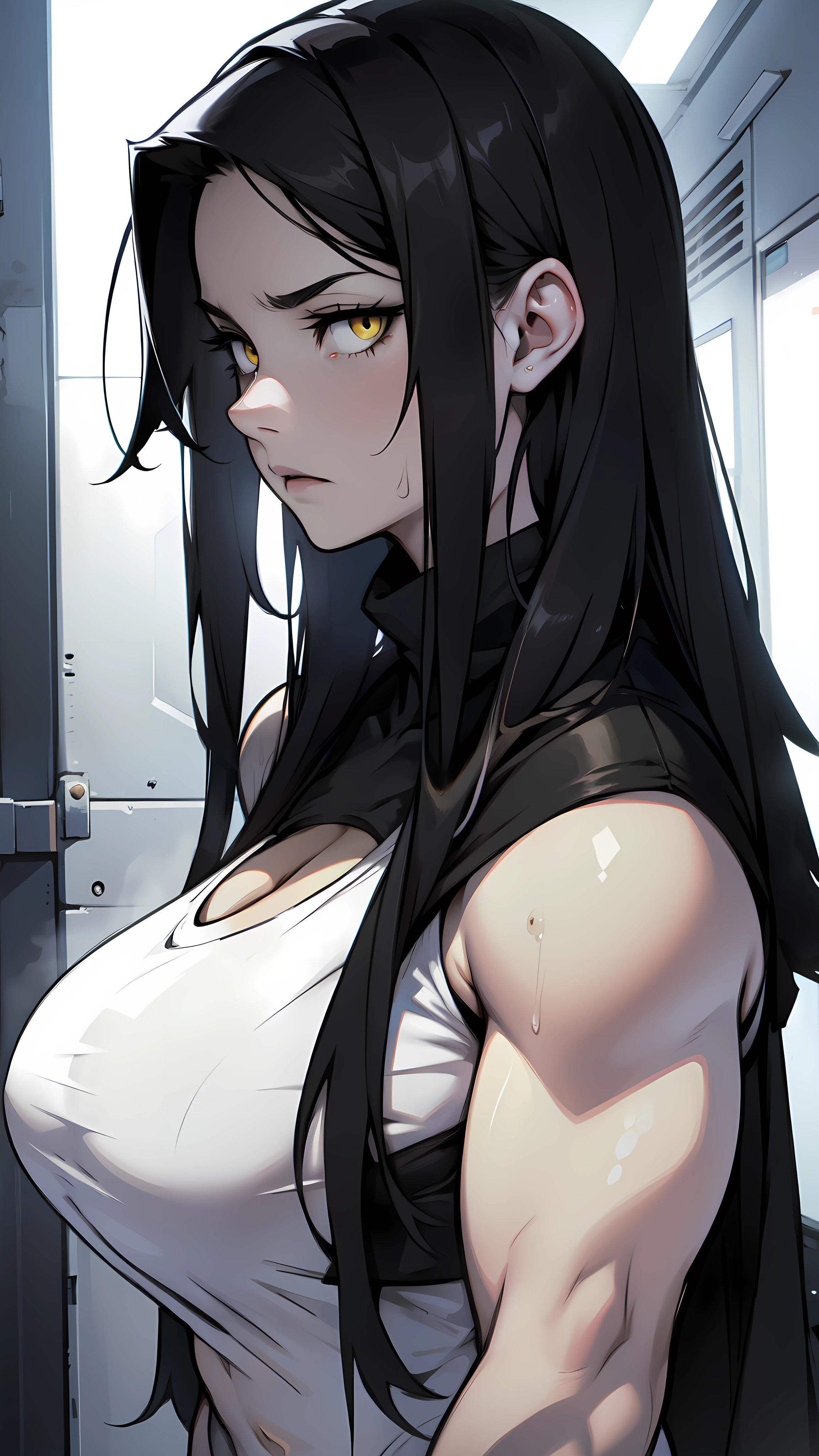 pale girl muscular girl ???????????? black hair yellow eyes expressionless sad