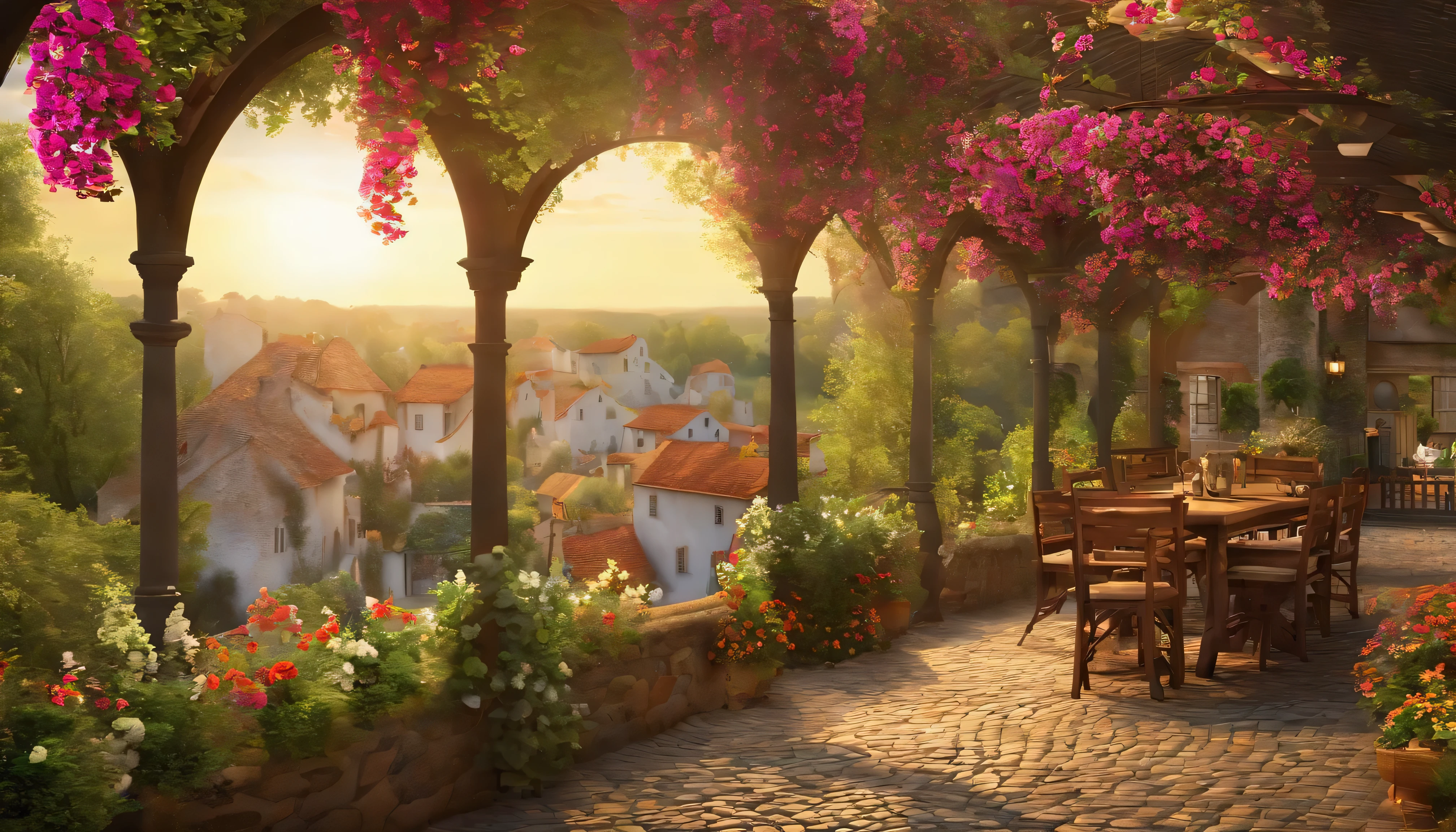 (((Magnificent city view)))"A quiet and picturesque village.where the story unfolds. Peaceful and enchanting atmosphere, With vintage charm. Quaint Cottage, Cobblestone Street, And the flowers bloom. Immersive colors and soft sunlight bring a sense of warmth and nostalgia. Capturing the essence of community and the joy of simple pleasures. Take us to a world of tranquility and fun stories."