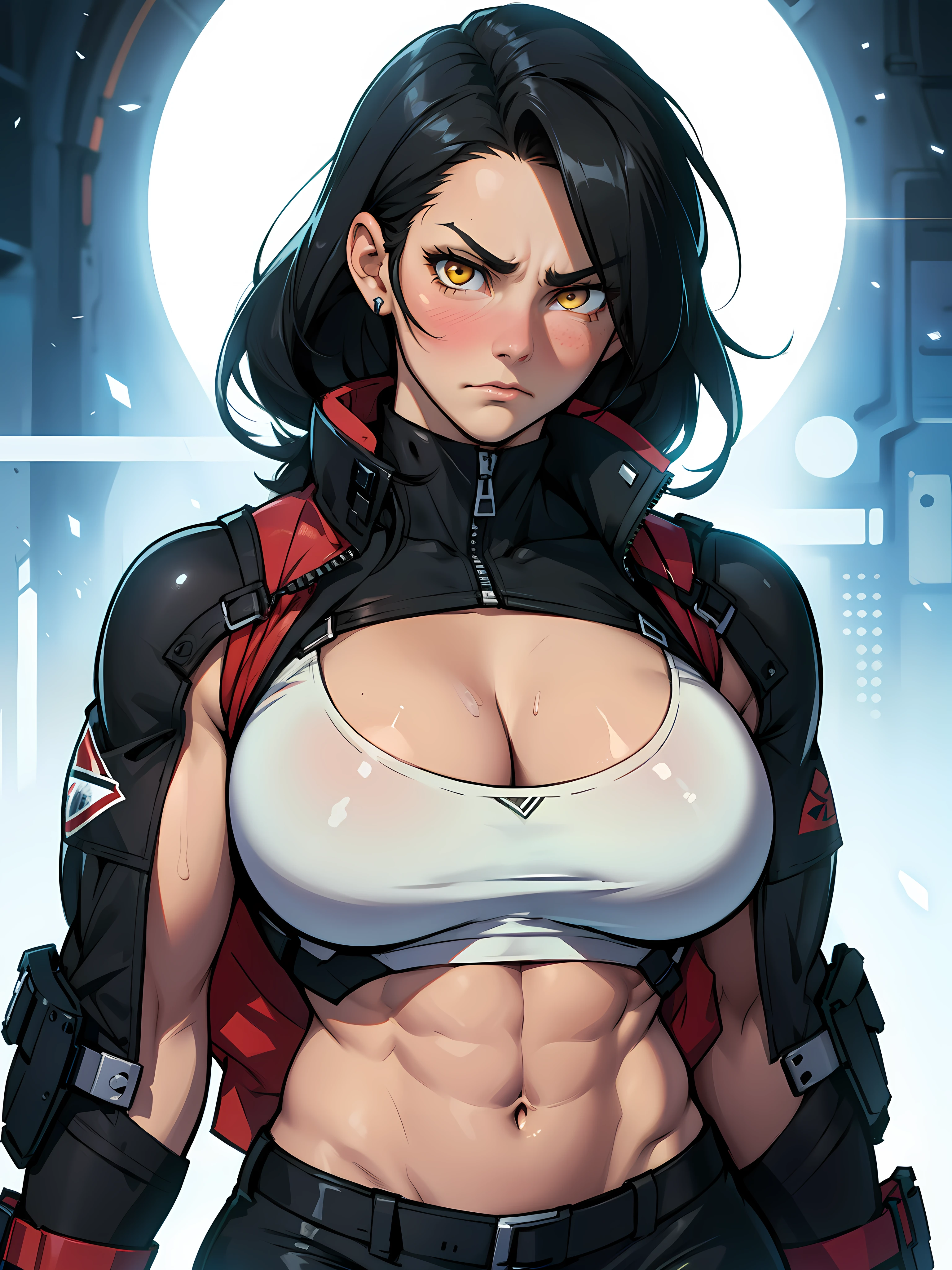 girl perfect anatomy toned body muscular girl black hair yellow eyes pale girl massive breasts sad frown blush best quality detailed eyes highly detailed, long abs
