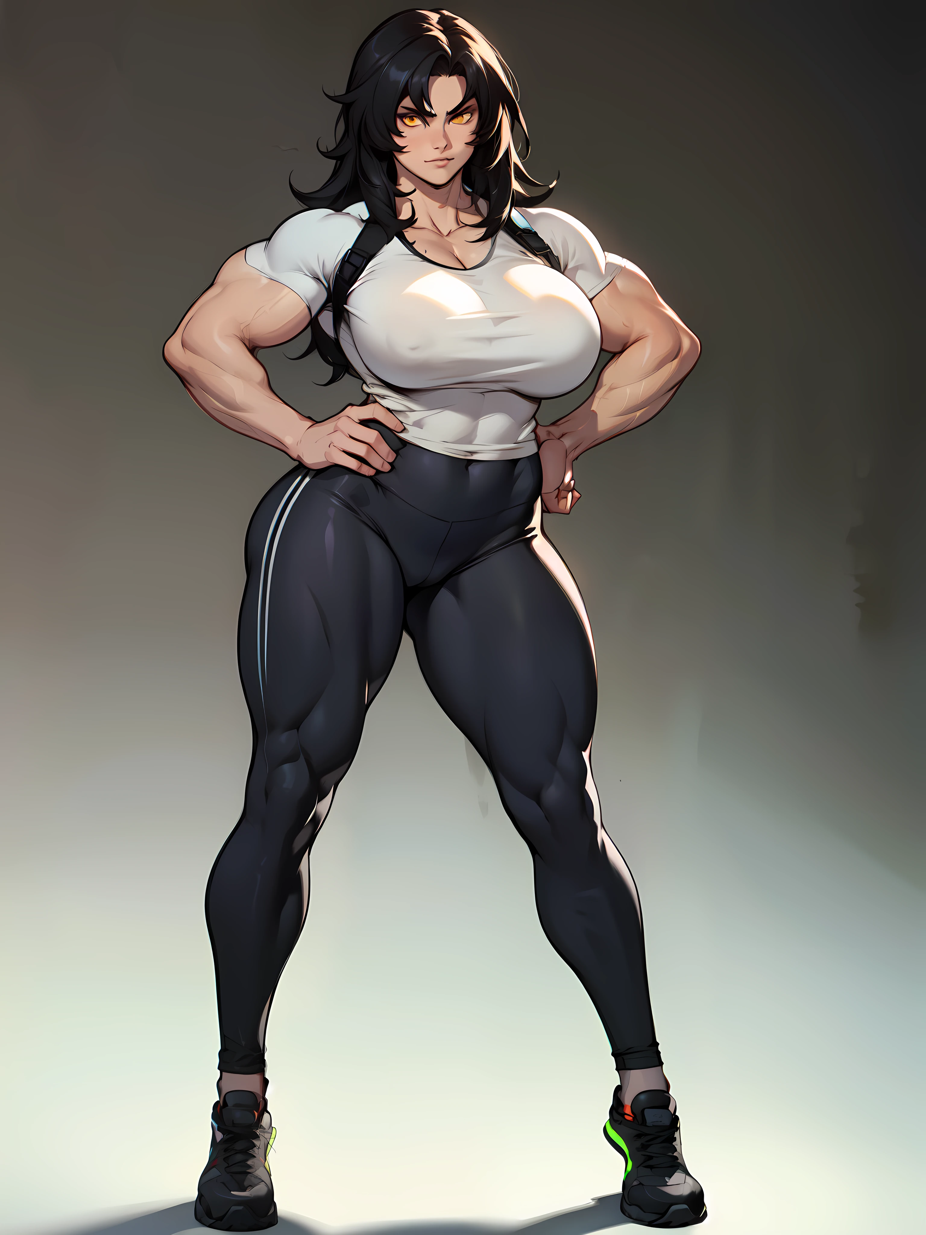 full body full body solo standing tight shirt leggings (((muscular girl toned body large breasts))) yellow eyes black hair pale skin