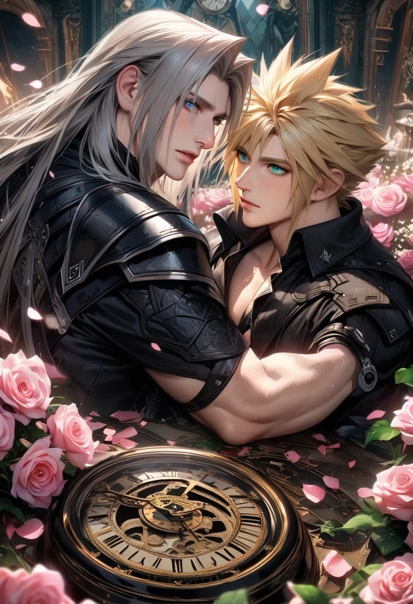 absurdres, highres, ultra detailed, HDR, masterpiece, extremely detailed face and eyes, realistic face, Cloud Strife, blond hair, expressive blue eyes, Final Fantasy 7 remake, Sephiroth, grey long hair, expressive green eyes, two men together, gay couple, handsome, black clothes, patterns, pink roses, blossoms, petals, in wonderland, clock