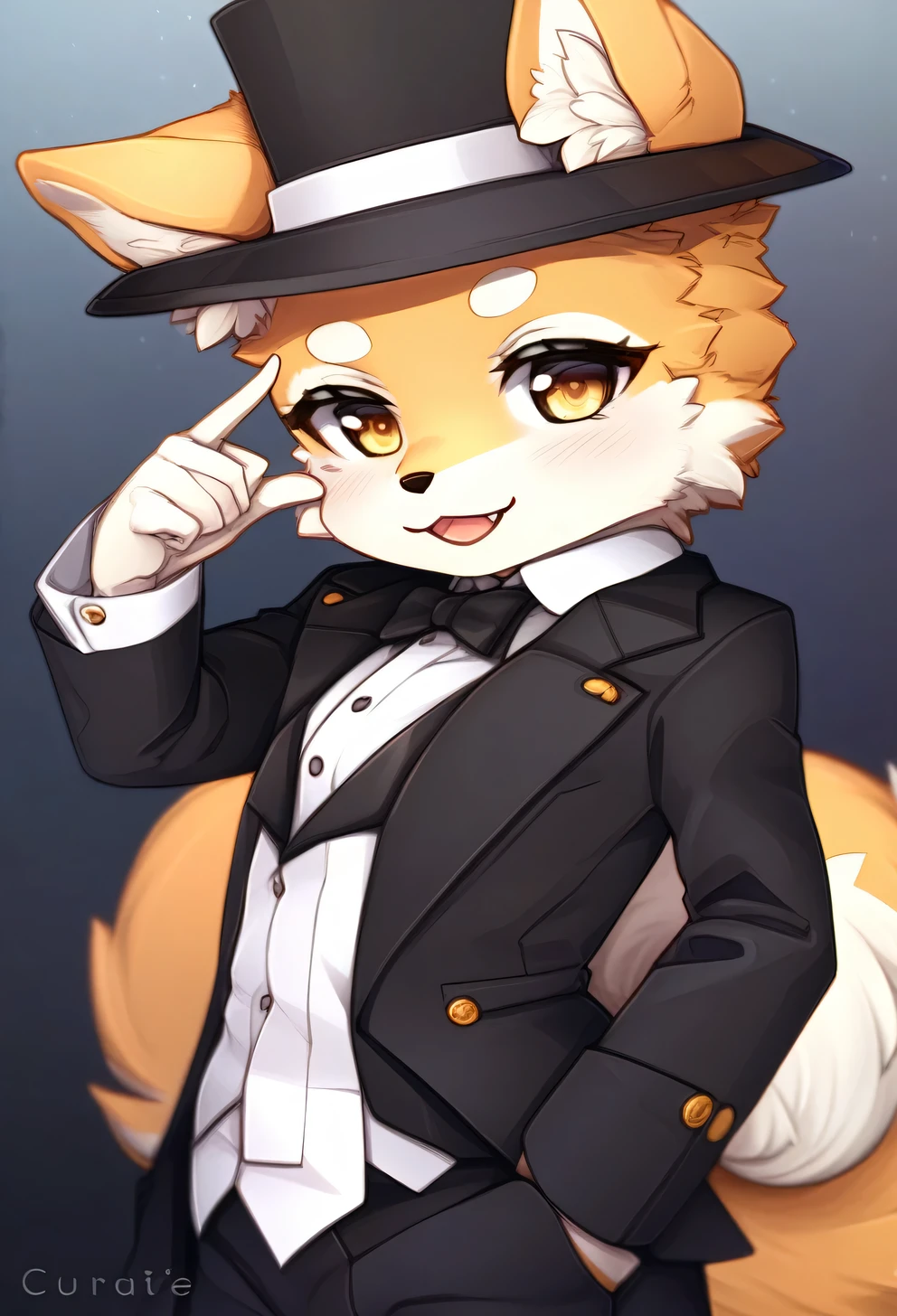 masutepiece, ccurate, Textured, Anatomically correct, Super Detail, high details, High quality, hight resolution, Best Quality, awardwinning, 4K, 8K, 1 girl, solo, kawaii, kemono, Shiba Inu, tuxedo, hat, Seductive smile, animation, signatuer pose,
