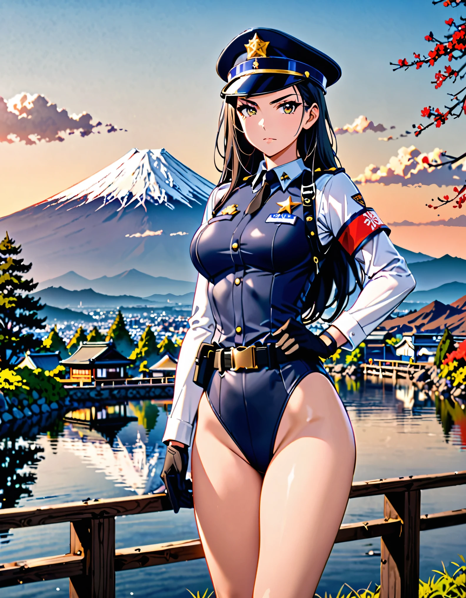 (masterpiece), (best quality), (high res),1girl, tall body, ((long hair, jet black hair)), (hazel eyes) beautiful detailed eyes, beautiful detailed face, cute face, perfect hands, complete fingers, perfect anatomy, perfect proportions, ((hat, black police hat)), ((leotard, matching leotard, bare legs)), ((boots, matching boots)), breasts, medium breasts, fingerless gloves, (full body portrait), looking at viewer, solo, solo focus, standing, police uniform, cowboy shot, mount fuji backdrop, outdoors, (belt, tight belt), (armbands, white sleeves), one hand on hip, serious, full body costume design.