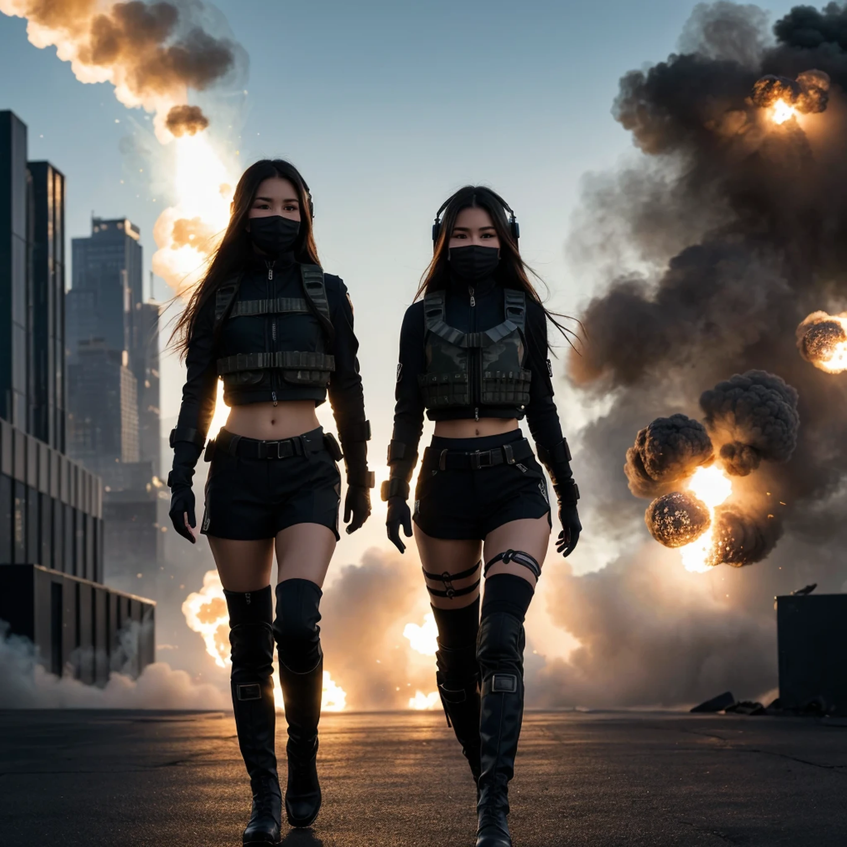 ((high quality)), ((masterpiece)), 8k, 2girls, bulletproof vest, light rays, extremely detailed CG unity 8k wallpaper, game cg, looking at viewer, gloves, boots, full body, watch, computer, mask, drone, holding weapon, headphones, jacket, (background destroyed city , explosion , smoke