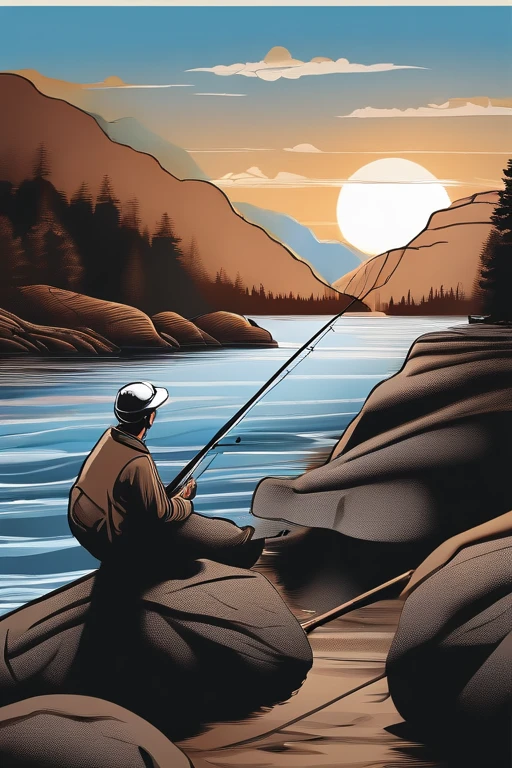 A old man in center of image, fishing rod in hand, large mordern boat, river between mountains, small and large rocks, waterfall in background, only outline used, outline, black and white, datails of frame, day shunshine, sun between clouds, no color (coloring book), just the drawing lines, free line, sketch style, no background., anime