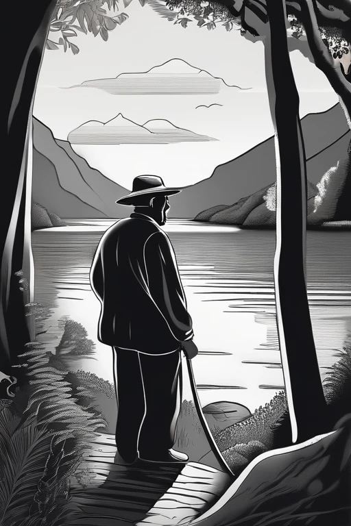 A old man in center of image, fishing rod in hand, large mordern boat, river between mountains, small and large rocks, waterfall in background, only outline used, outline, black and white, datails of frame, day shunshine, sun between clouds, no color (coloring book), just the drawing lines, free line, sketch style, no background., anime