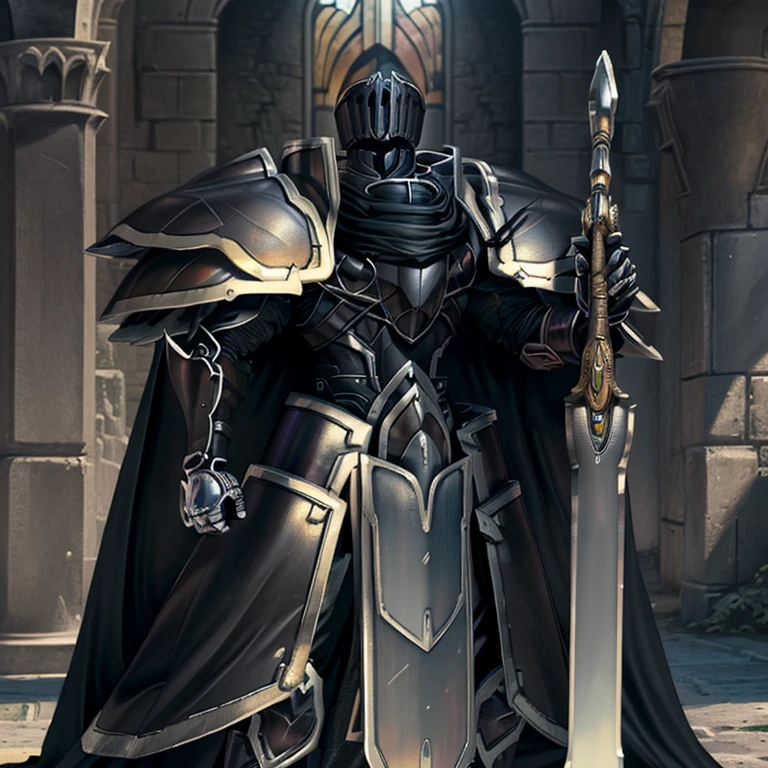 (masterpiece, best quality, detailed:1.2) BlackKnight_fe, Armor, Cape, Helmet, Sword,rd, shield, The cloak is black on both sides, Best Quality, super detailed illustration, castle ruin, Heroic pose The inside of the arm also wears armor, polished armor,
