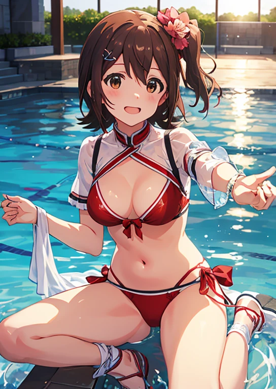 Mirai Kasuga, (highest quality, 8k, masterpiece, Very detailed:1.2), (Lens flare, Particles of light, Shine), Big Breasts, smile, Open your mouth, masterpiece, highest quality, Very detailed, High resolution, Very detailedなCG, (Official Art), Red Bikini , (Spread your legs),Lift your legs, (Embarrassing:1.1), (blush:1.2), Open your mouth, (shout:1.1), (Moving lines:1.1), Midsummer Pool